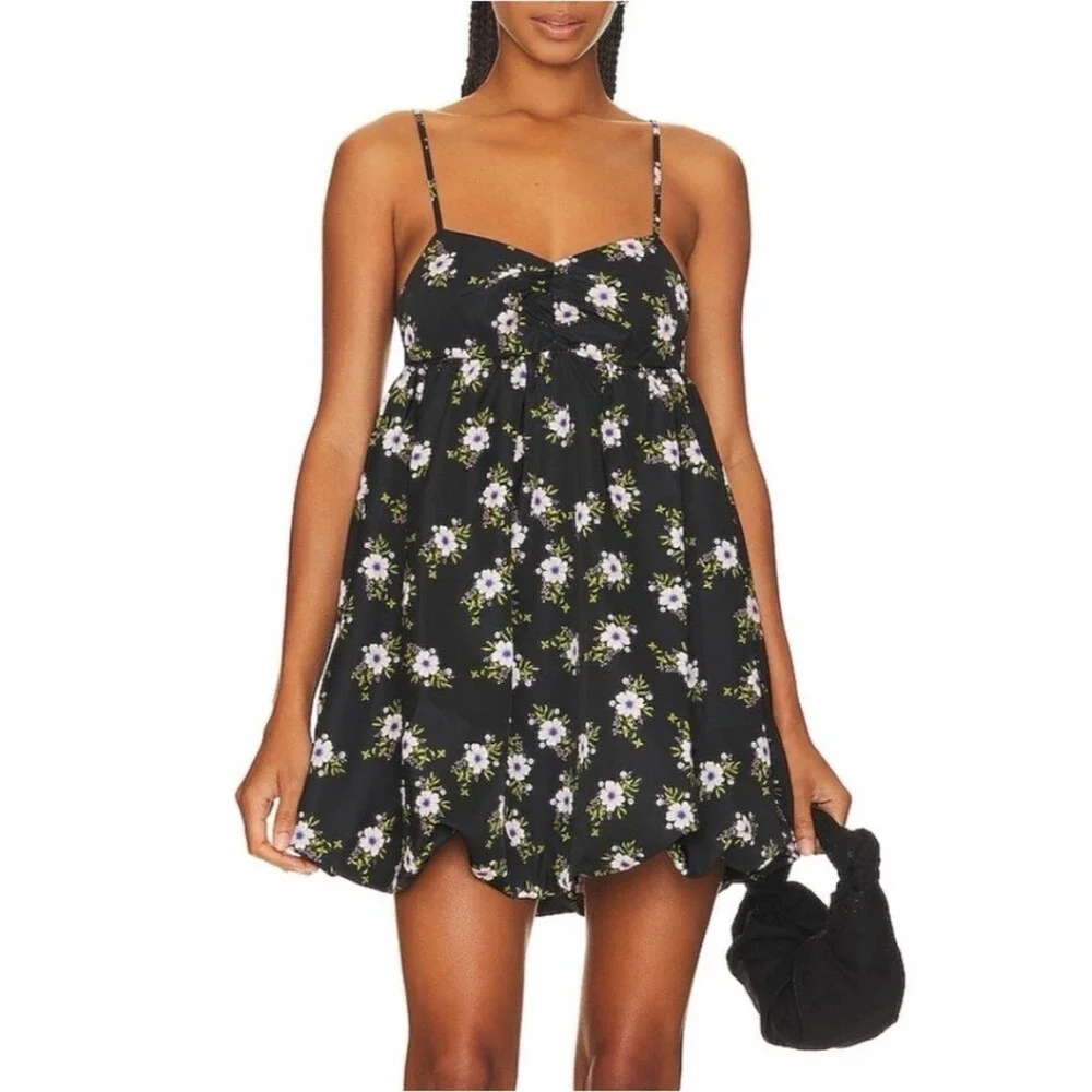 Free People In A Bubble Mini Dress Size XS Black Floral Bubble Hem Empire Waist